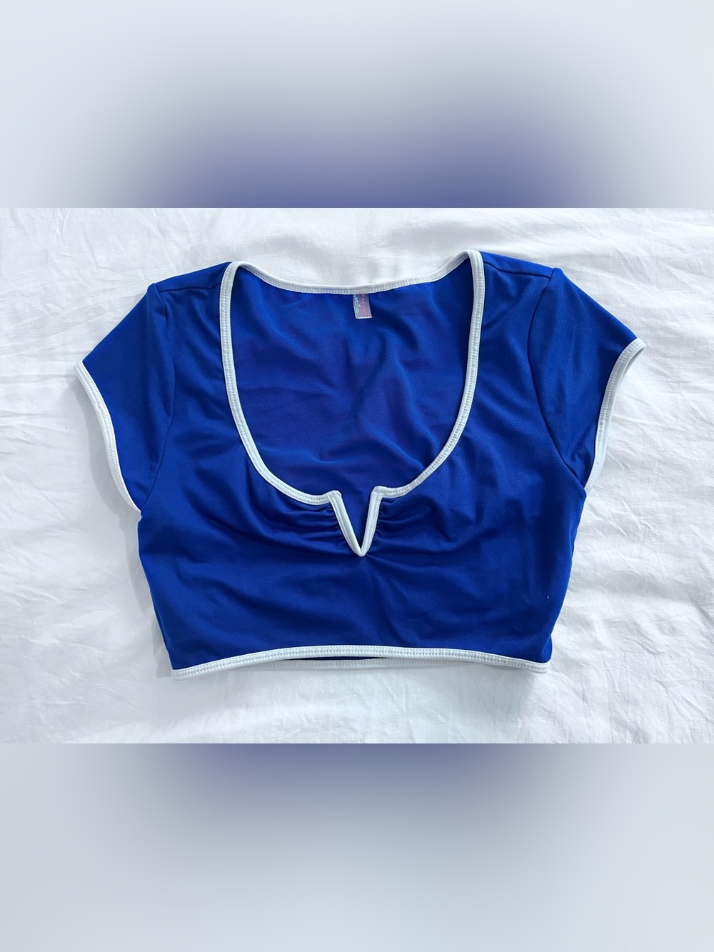 Free People Royal Blue V-Notch Crop Top with White Trim